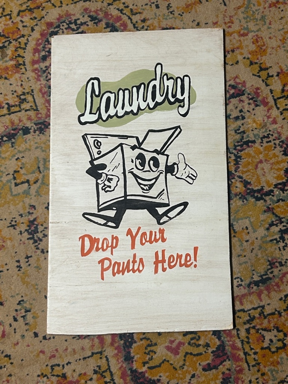 Laundry‎ Wall Sign - Retro Cartoon Washer - White, Black, Olive, Coral